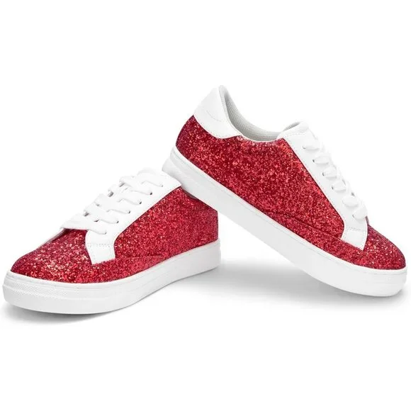 Women's Red Rhinestone Glitter Star Low Top Comfortable Walking Sneakers Shoes - Picture 5 of 6